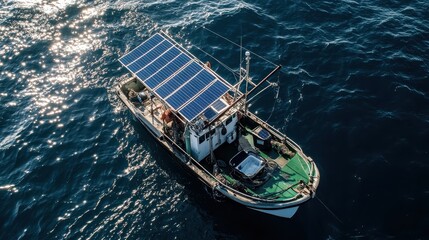 Obraz premium Sustainable Seafood Concept. A solar-powered boat navigates shimmering waters, showcasing sustainable technology in marine environments.