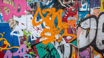 Messy urban texture featuring vibrant graffiti art with colorful spray paint. chaotic design showcases various styles and colors, creating expressive street art scene