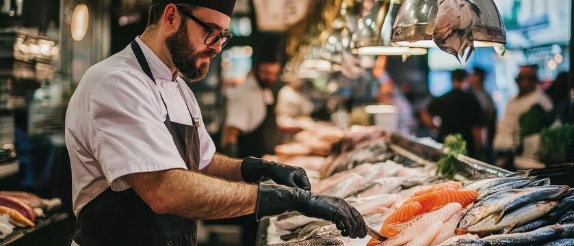Sustainable Seafood Concept. A fishmonger in a market delicately prepares fresh seafood, showcasing a variety of fish under bright lights.