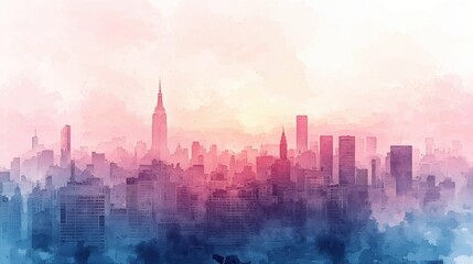 Fototapeta premium Minimalist Watercolor Pastel Cityscape with Fading Skyline