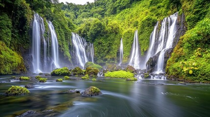 Fototapeta premium Vibrant Jungle Waterfalls with Lush Green Foliage
