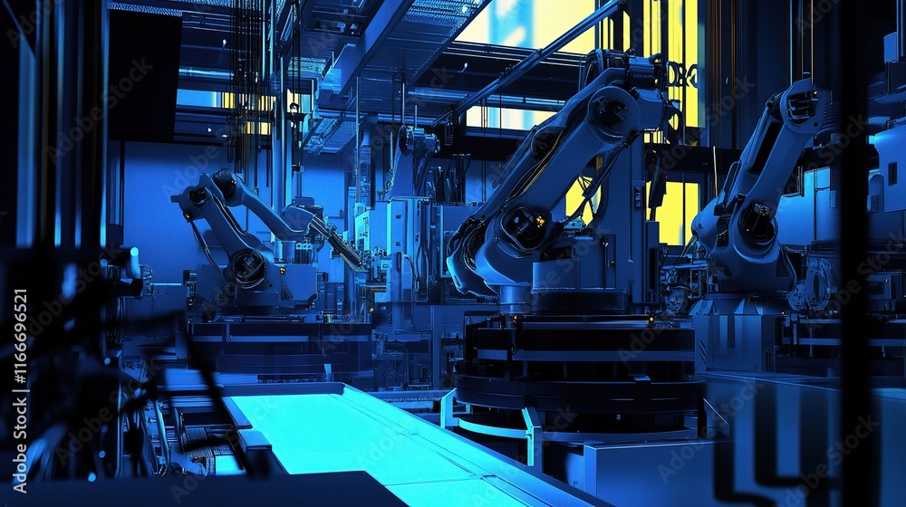Poster 3d rendering of industrial robots working in automated environment