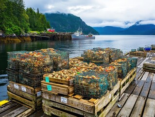 Sustainable Seafood Concept. Crab traps stacked on wooden docks, surrounded by serene waters and misty mountains in a tranquil coastal landscape.