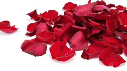 Fototapeta premium Red rose petals scattered on a clean white background, creating a classic Valentine's Day concept. The high-resolution image features sharp focus and professional studio lighting, showcasing the beaut
