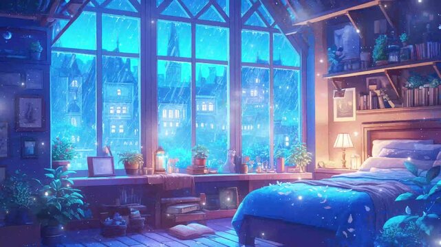 Soft blue light fills a cozy bedroom as rain gently falls outside the window. glitch stream overlay seamless loop Vtuber streamer asset twitch zoom OBS screen animated wallpaper virtual background