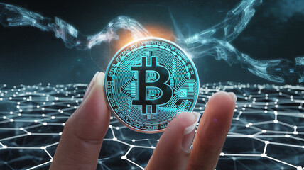 bitcoin in hand with network background