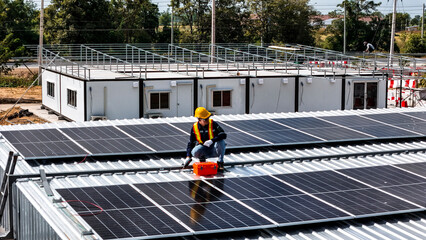 Workers installing and inspecting solar panels on a rooftop in a sunny environment, highlighting renewable energy, sustainability, and efficient use of modern technology in solar power systems.