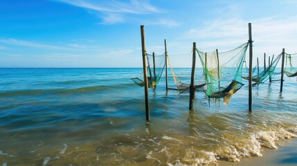 Sustainable Seafood Concept. A serene coastal scene featuring fishing nets on wooden poles against a calm sea and clear blue sky.