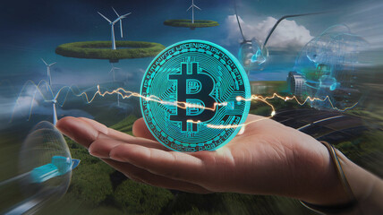 bitcoin in hand with technology future background