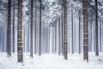 Fototapeta premium A serene winter forest with snow-covered trees and a tranquil atmosphere.