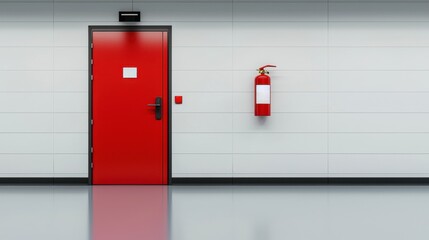 Bright Red Door in Modern Hallway with Fire Extinguisher on White Wall, Emergency Safety Equipment in Commercial Space Environment