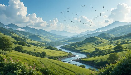Serene Mountain Valley Landscape with River and Birds in Flight - Stunning Nature Photography