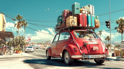 Fototapeta premium A vintage car with colorful luggage is driving through a sunny coastal town, evoking a sense of adventure and travel.