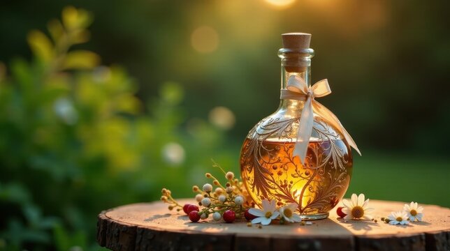 Ornate bottle of golden elixir rests on rustic wood, bathed in warm sunlight, surrounded by delicate wildflowers.
