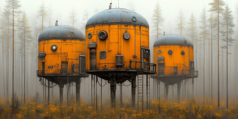 Futuristic yellow structures in misty forest, showcasing unique architectural design and innovation - perfect for creative wilderness retreats.
