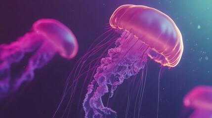 Fototapeta premium Colorful Jellyfish in Underwater Setting with Glow Effects