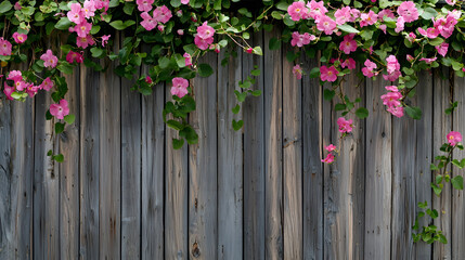 Fototapeta premium rustic wooden fence adorned with vibrant pink flowers, creating charming spring atmosphere. combination of natural wood and blooming flora evokes sense of tranquility and beauty