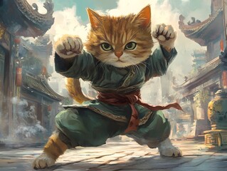 Fearless Ginger Cat in Martial Arts Pose: An Asian-Inspired Painting