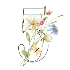 Number 5 with watercolor flowers and leaf. Perfectly for wedding, birthday invitations, greeting card and other floral design. Hand painting. Isolated on white background.