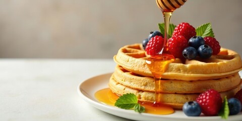 Golden Syrup Drizzled Over Stack of Buttery Waffles Topped with Fresh Berries and Mint Leaves