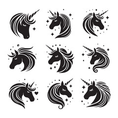 Unicorn face set Vector Silhouette black SH