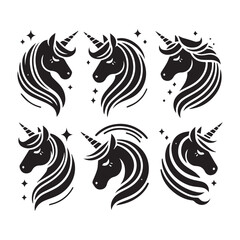 Unicorn face set Vector Silhouette black SH