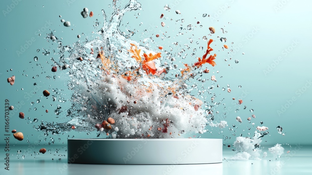 Poster an explosion of colors and textures erupts from a central base, creating a dynamic scene of splashes
