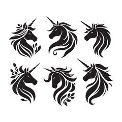 Unicorn face set Vector Silhouette black SH