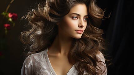Fototapeta premium Elegant Woman with Flowing Brown Hair, Dark Background