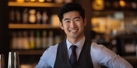 A handsome Asian male bartender stands behind the bar counter in a cozy bar and smiles. Advertising banner for a bar.