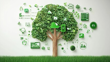 A digital interface with green icons and nature elements, symbolizing sustainable technology in business.