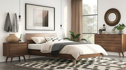 Contemporary Sparse Bedroom with Artistic Wall Frame and Sunlit Ambiance. A Serene Space for Art Display and Relaxation