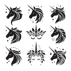 Unicorn face set Vector Silhouette black SH