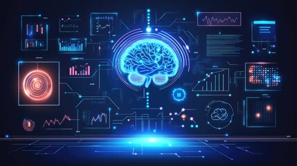 A futuristic digital interface merging glowing business data with AI neural connections in a minimal design.