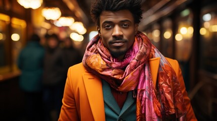 Obraz premium Stylish Man in Orange Coat and Floral Scarf at Night Market