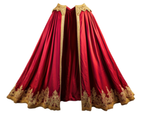 Luxurious red cape with golden embroidery, perfect for dramatic fashion statements. rich fabric and intricate design evoke elegance and grandeur