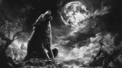 Naklejka premium Lone wolf howling at a large full moon in a dark, stormy night sky.