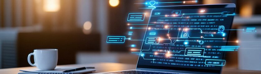 Laptop displaying digital code with data charts. Ideal for illustrating technology advancements, software development, digital transformation, and coding trends.