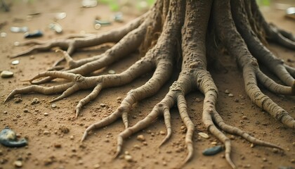 Fototapeta premium Close-up of tree roots emerging from the earth, showcasing a unique and intricate root system in the dry soil.