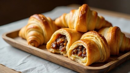 Golden Brown Croissants Filled with Sweet and Savory Filling on a Wooden Tray