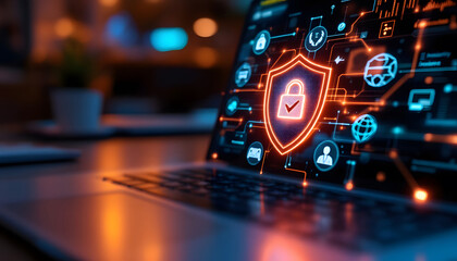 Online Security Shield on Laptop, Data Protection and Insurance Concept, Digital Security and Online Protection