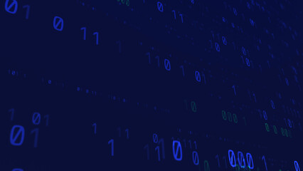 Glowing data code flow on dark blue monitor. Technology and business abstract motion background