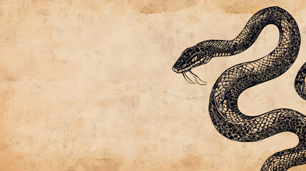 traditional Chinese ink painting featuring detailed black snake on textured beige background, symbolizing wisdom and transformation