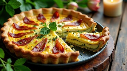 Savory Zucchini and Cheese Tart with Sweet Pepper Garnish, Baked to Golden Perfection in a Flaky Crust, Served on a Rustic Wooden Surface