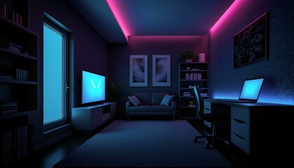 Modern gaming room interior design with blue and pink led lights, showcasing a comfortable sofa, large tv screen, and a workspace with a laptop.