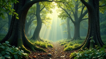 Mystical Sunbeams Illuminate a Path Through an Enchanting Forest of Ancient Trees with Lush Undergrowth