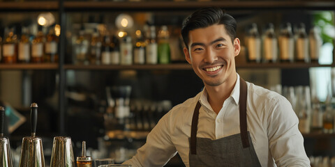 A handsome, young Asian male bartender stands behind the bar counter in a cozy bar and smiles to the right. Advertising banner for a bar.