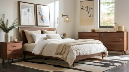 Contemporary Sparse Bedroom with Artistic Wall Frame and Sunlit Ambiance. A Serene Space for Art Display and Relaxation