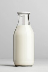 Glass milk bottle standing on white table against gray background