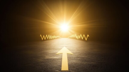 Radiant graph peaks and glowing arrows on a sleek canvas, symbolizing strategic business success.